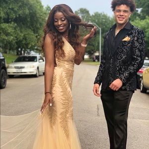 Gold beaded prom dress